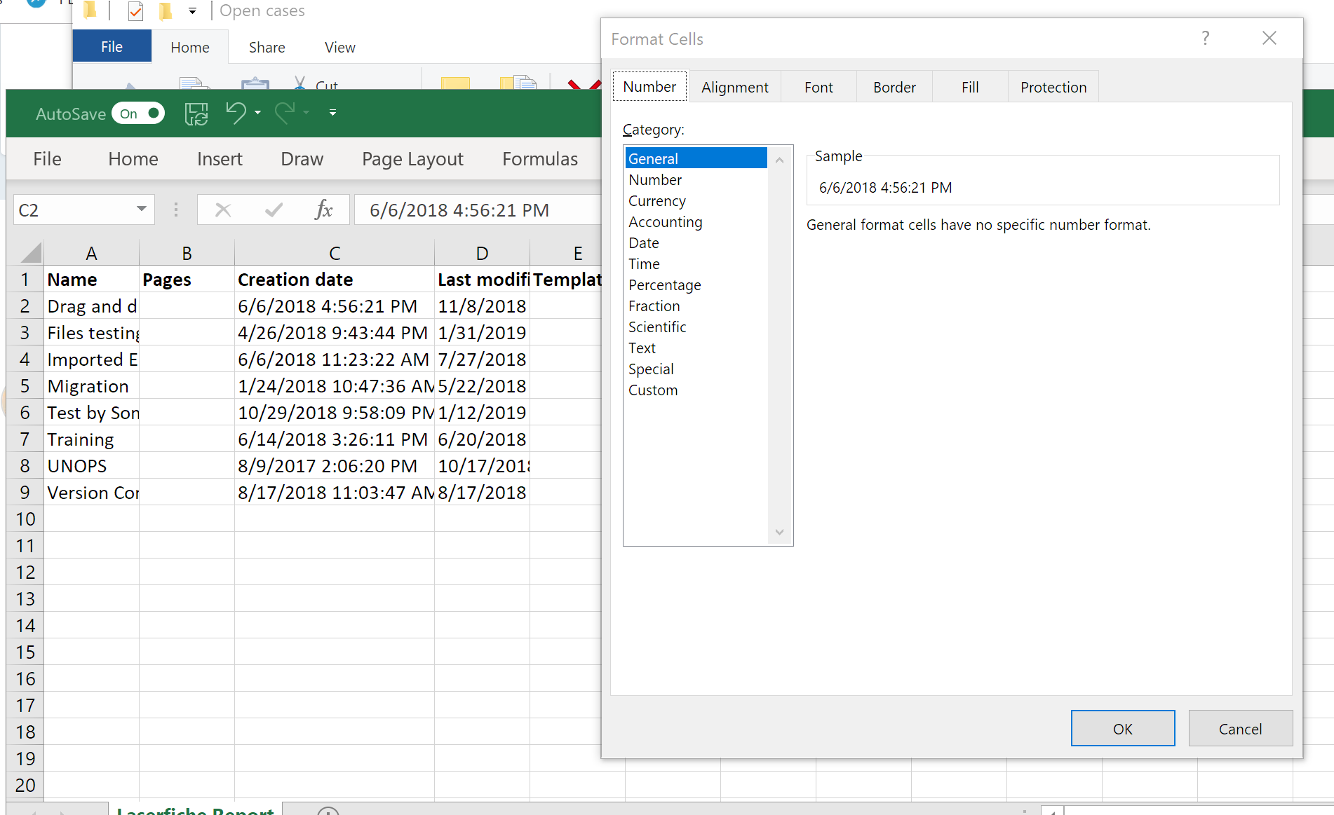 Do Laserfiche generate report to Excel feature come with date format