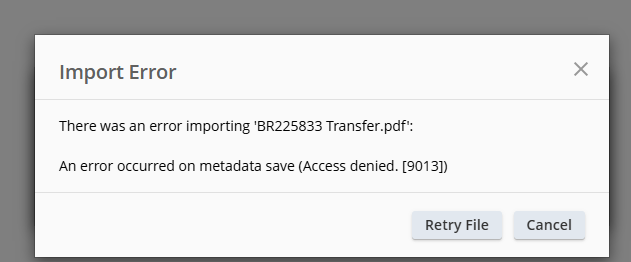 screen grab import error drag and drop after searching metadata save access denied 9013.png