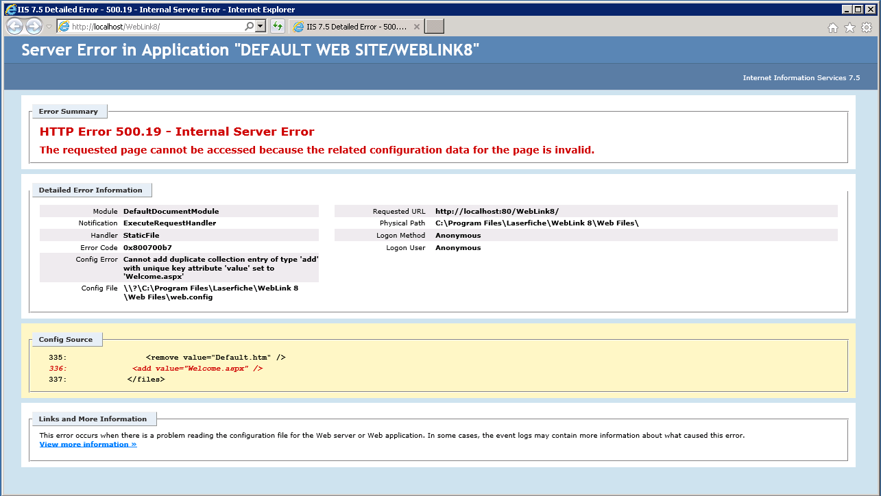 Weblink Http Error 500.19/Object Reference Error - Laserfiche Answers