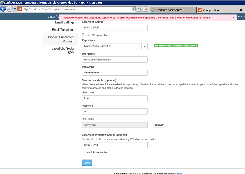 Unable to login to Laserfiche Forms Failed to register the Laserfiche ...